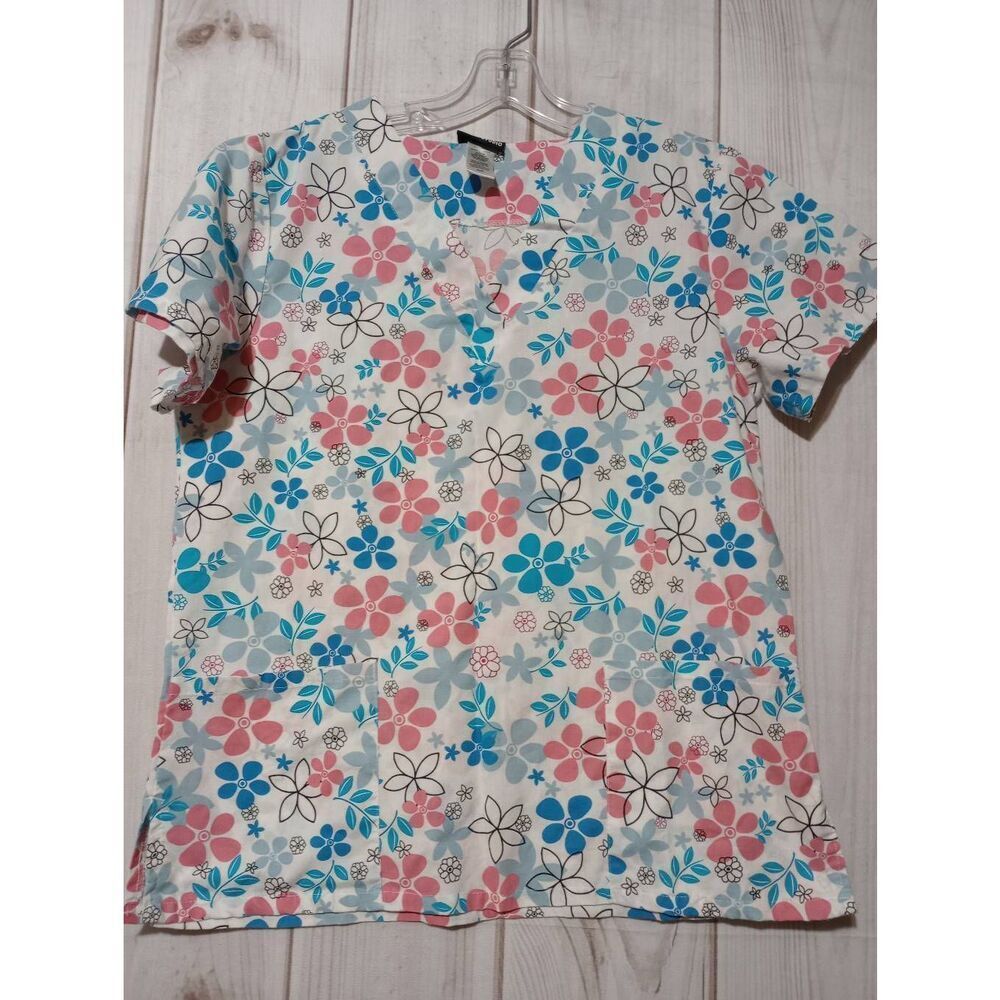 Scrub Studio‎ Shirt Ladies Medium Coral Blue Floral